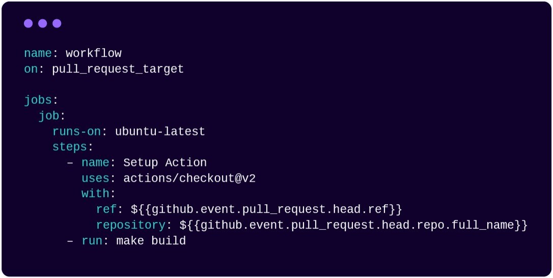 Workflow that checks out and builds untrusted pull request code under pull_request_target