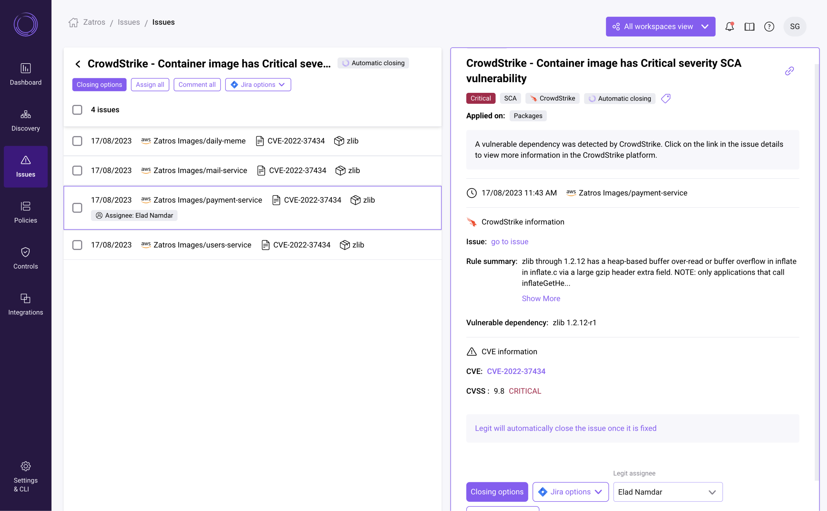CrowdStrike container vulnerability shown in the Legit platform