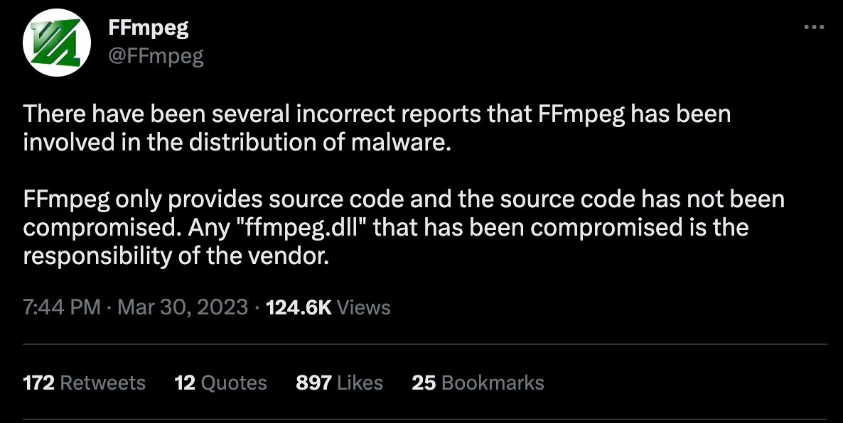 ffmpeg Twitter account denying the 3CX accusation