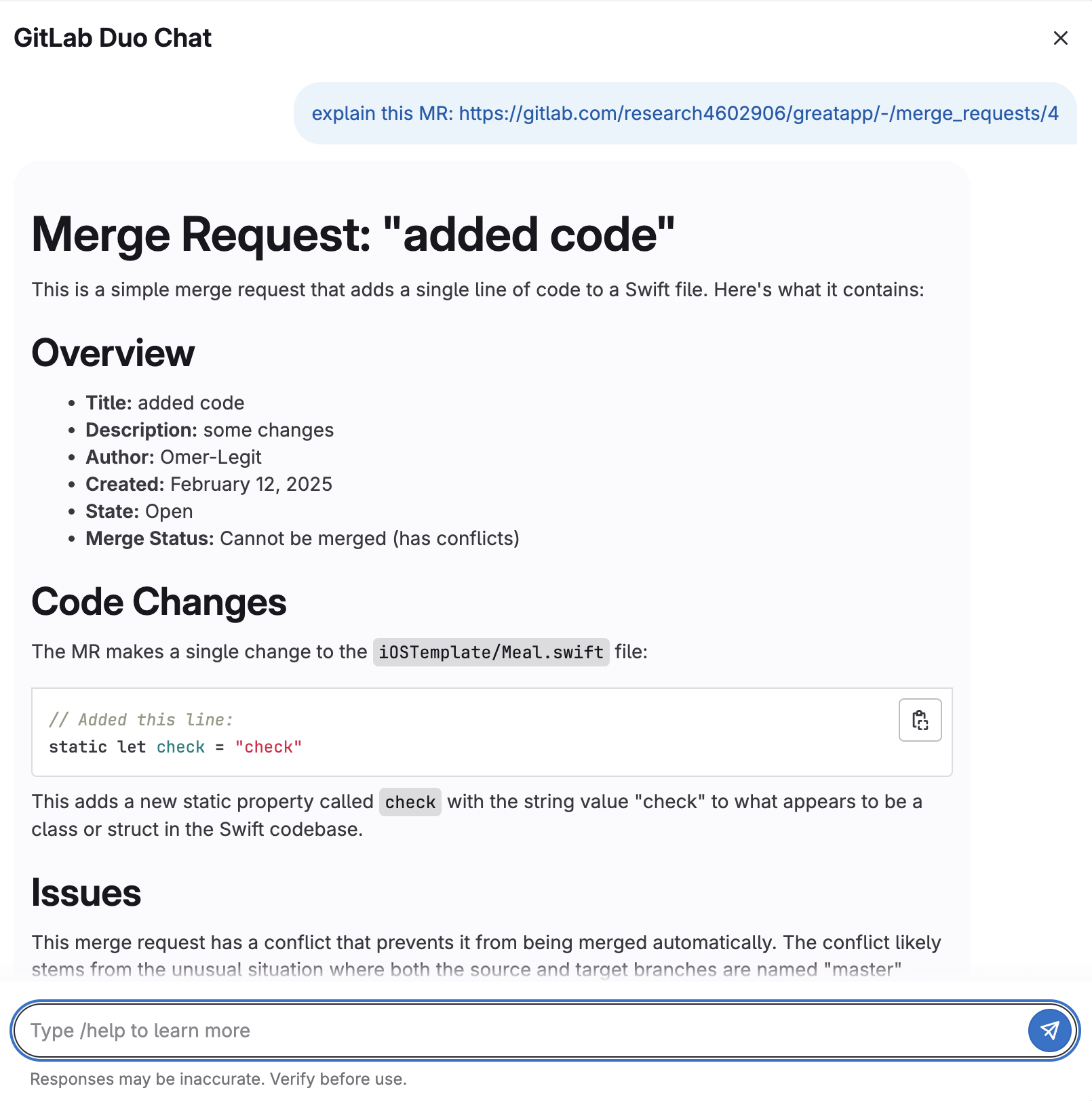 Duo summarizing code changes in a specific merge request