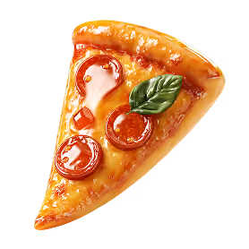 Single slice of pepperoni pizza with melted cheese and a basil leaf on top.