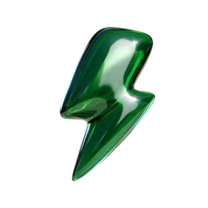 Shiny green lightning bolt icon with smooth, reflective surface on a transparent background.