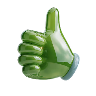 Glossy green 3D thumbs up hand symbol with a light gray cuff on a black background.