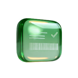 A green shiny 3D app icon featuring a barcode with a checkmark symbol above it.