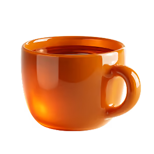 Glossy orange ceramic cup filled with dark coffee on a white background.
