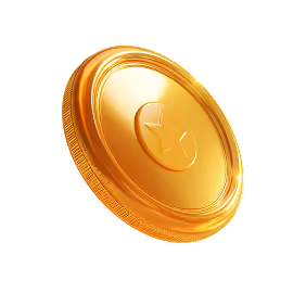 Golden digital coin with a circular design floating against a black background.