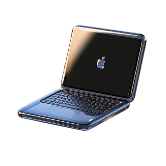 Black laptop with illuminated Apple logo on the back of the screen, shown open with visible keyboard and screen.