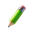 Green pencil with pink eraser and metal ferrule on a transparent background.
