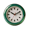 Round wall clock with a green frame, white face, black hour and minute hands, and a red second hand indicating 12:08:11.