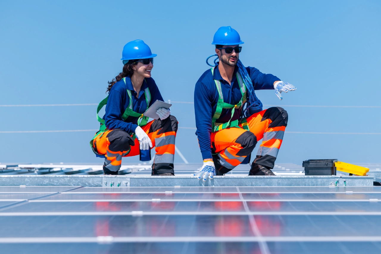 Two technicians in hard hats inspecting solar panels on an industrial rooftop