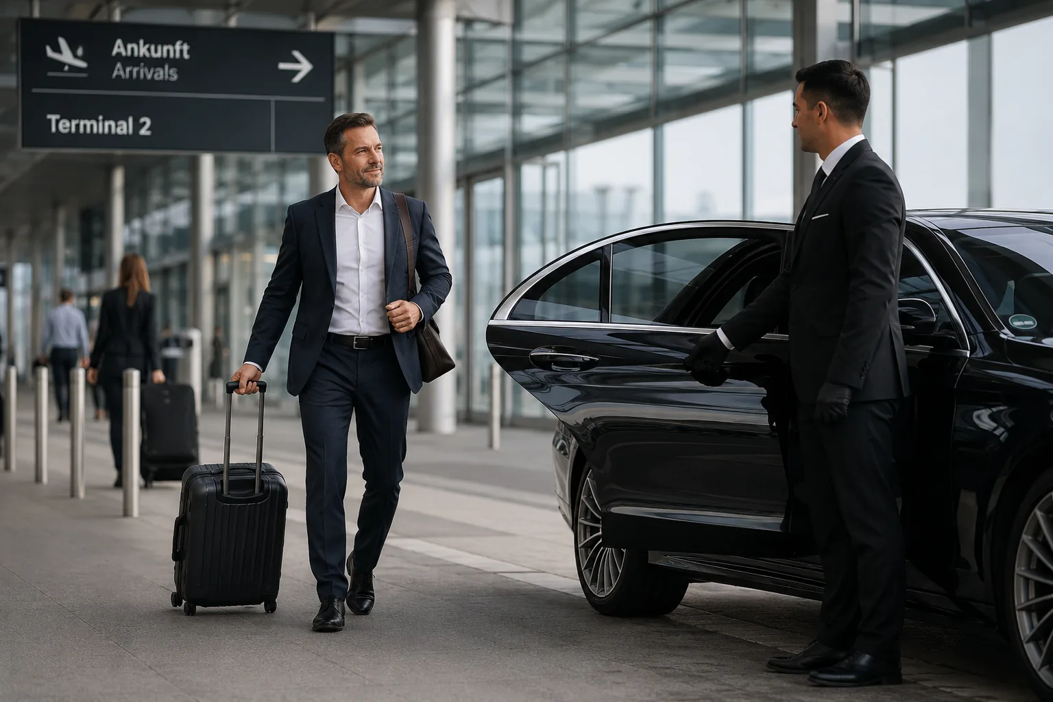 Geschäftsreisender wird am Terminal von seinem Chauffeur empfangen