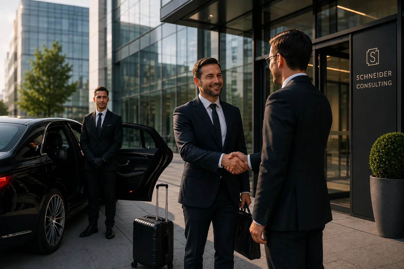 Chauffeure begrüßen Geschäftskunden vor dem Fahrzeug