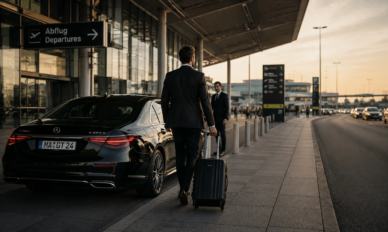 Geschäftsreisender geht auf eine wartende Limousine vor dem Abflugterminal zu