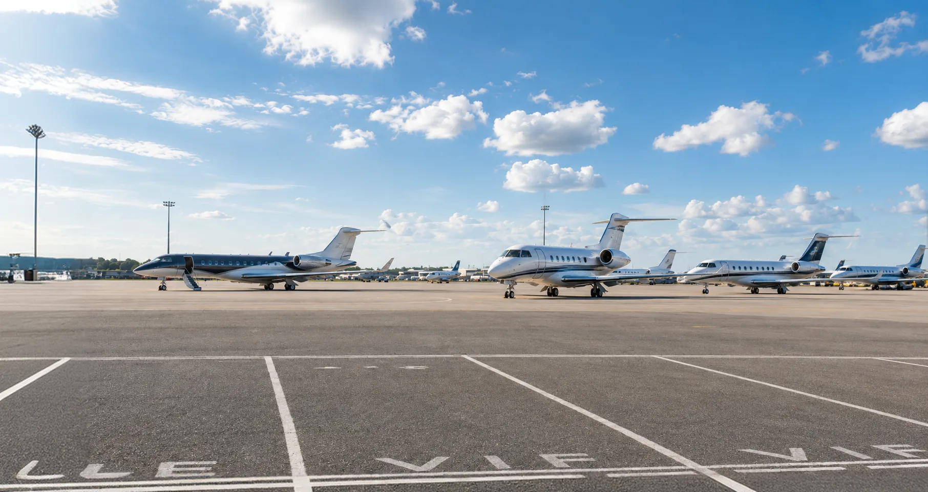 Privatjets auf dem Vorfeld eines Flughafens unter blauem Himmel