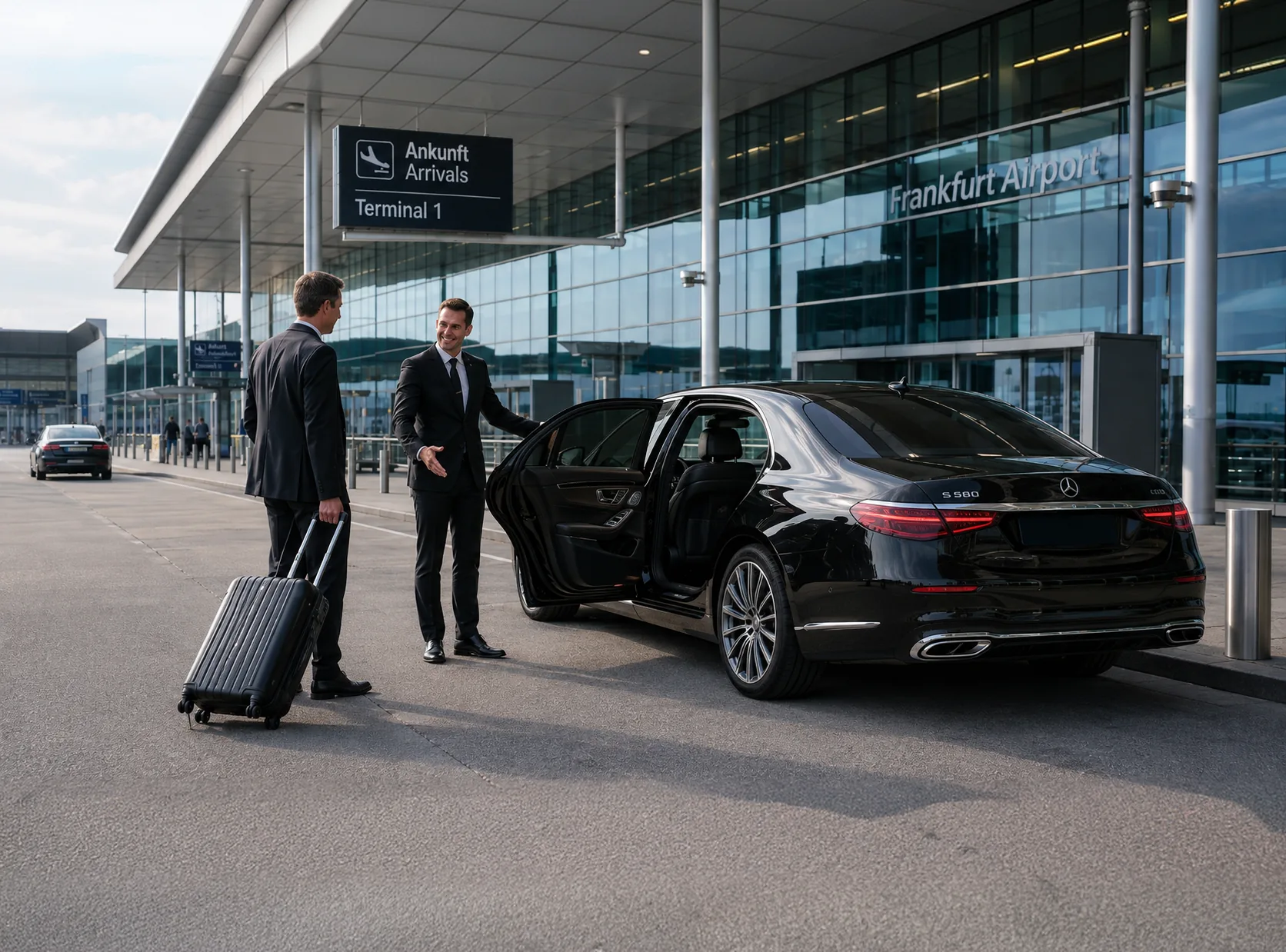 Chauffeur öffnet die Wagentür für einen Gast vor der Ankunftshalle von Terminal 1