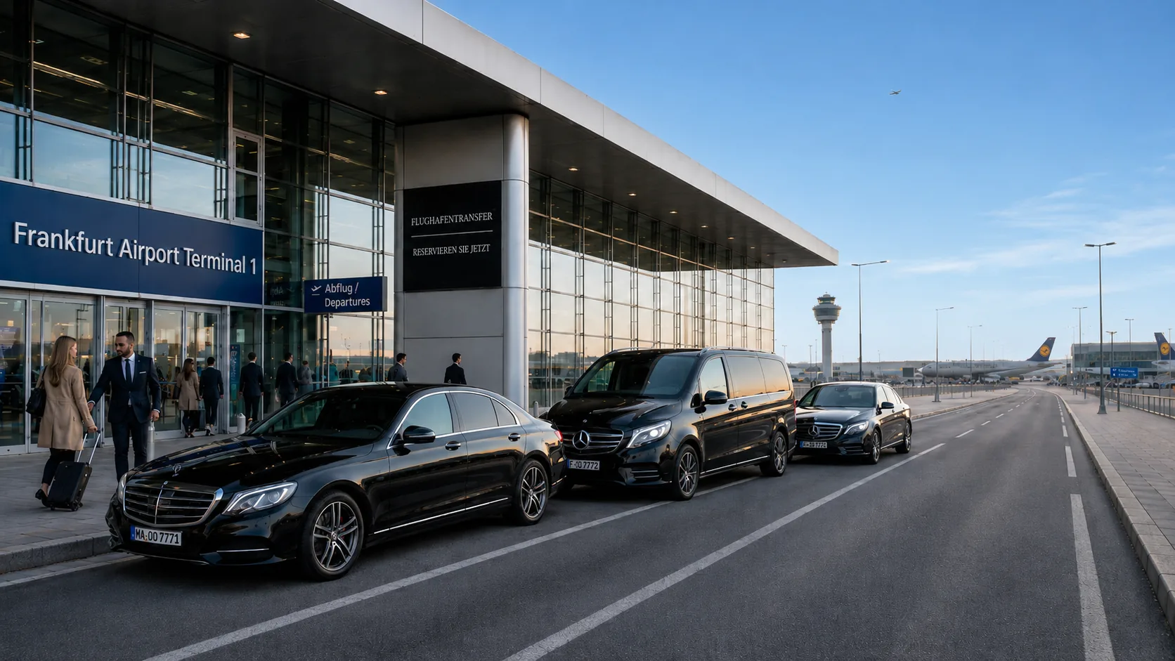 Drei Limousinen warten vor dem Terminal des Frankfurter Flughafens