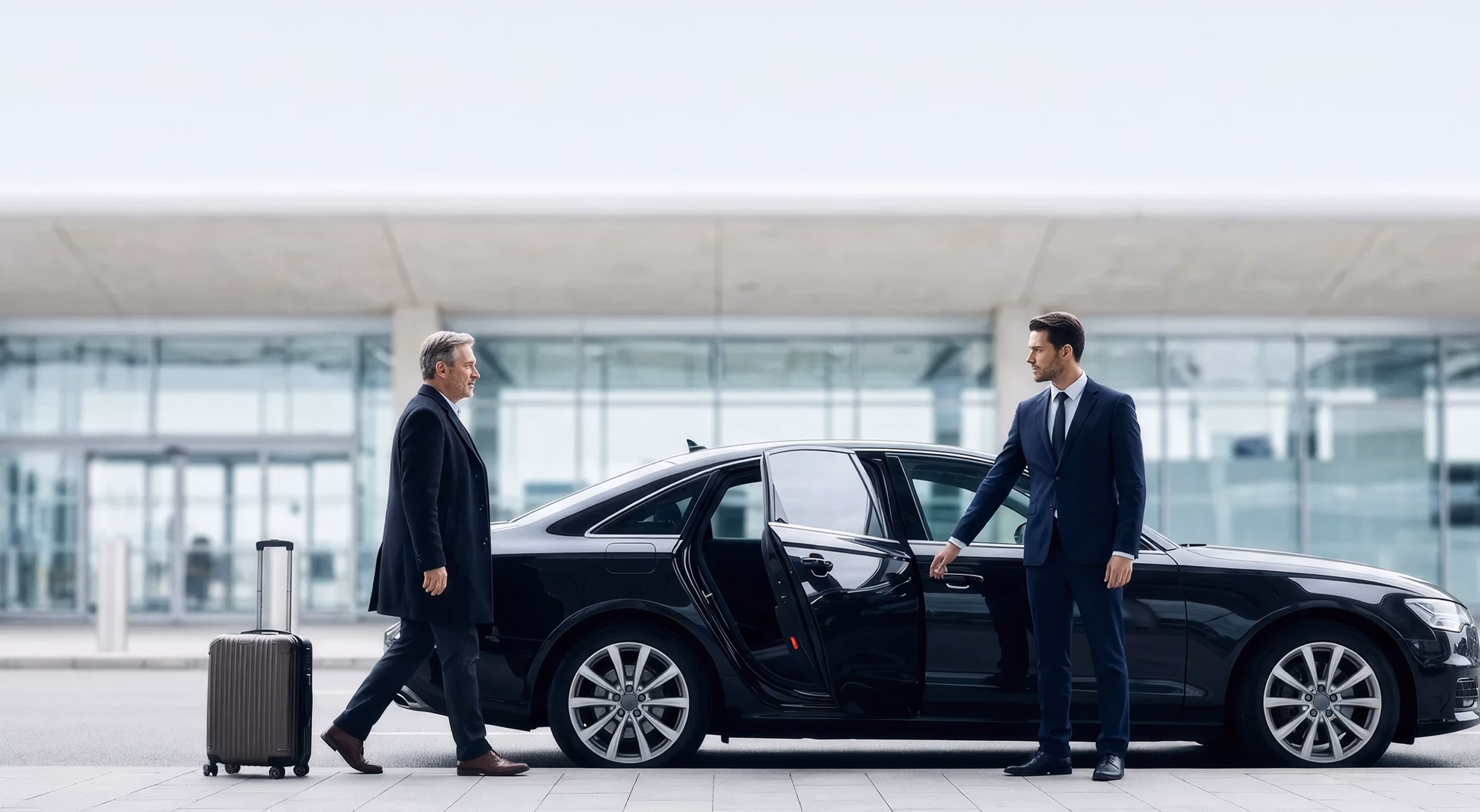 Chauffeur öffnet die Tür einer Limousine für einen Geschäftsreisenden am Flughafen