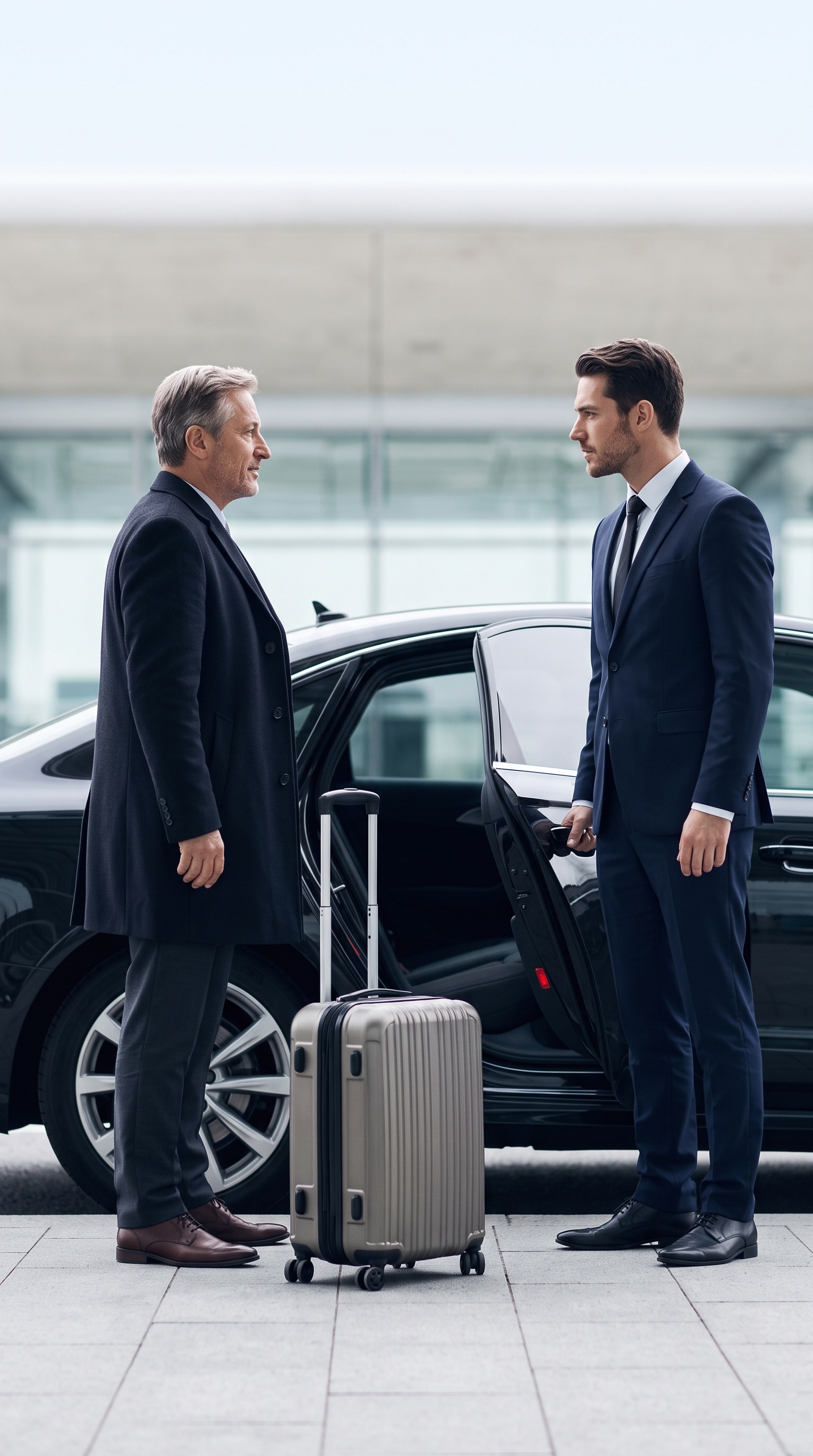 Chauffeur öffnet die Tür einer Limousine für einen Geschäftsreisenden am Flughafen