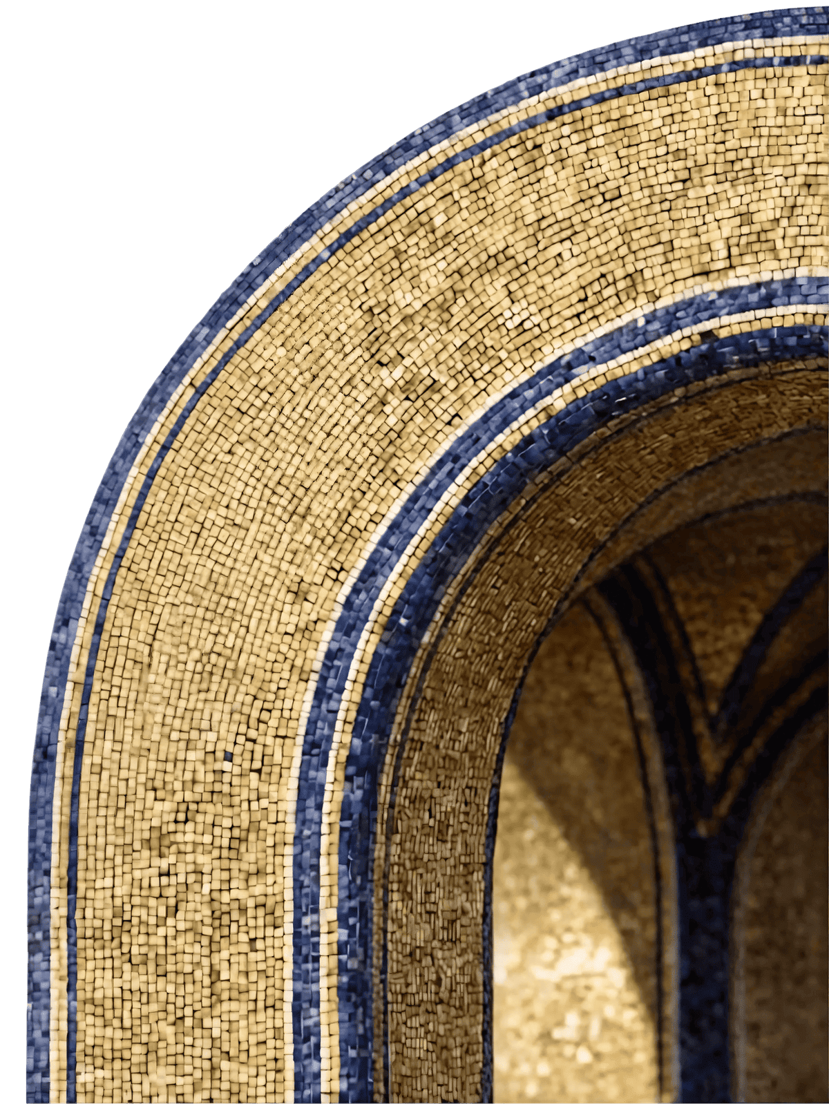 A golden mosaic arch scattering into separate tesserae
