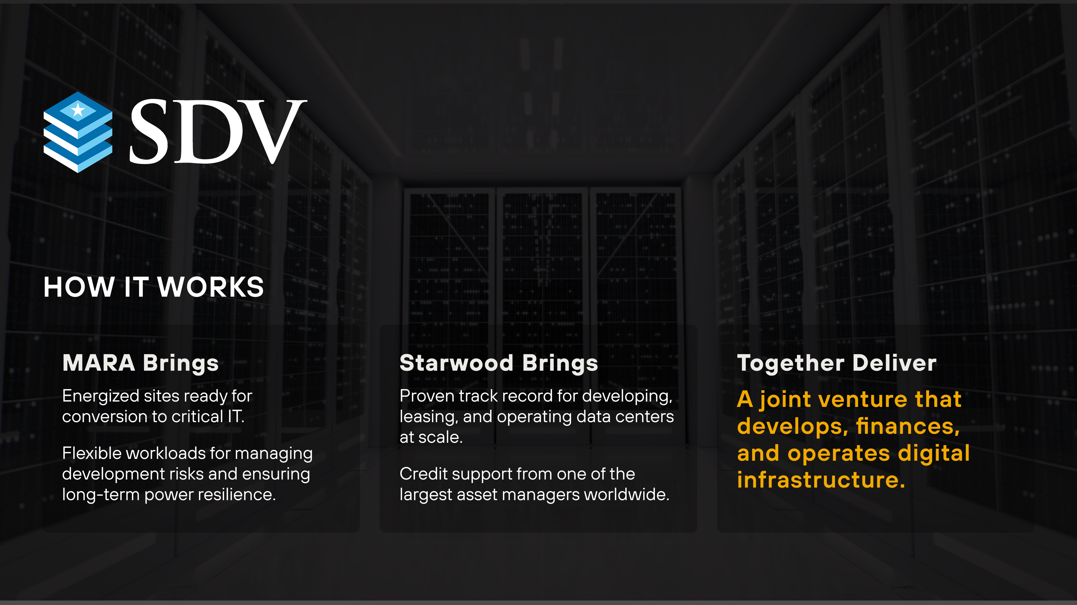 SDV logo with text explaining a joint venture: MARA brings energized sites, Starwood brings data center expertise.