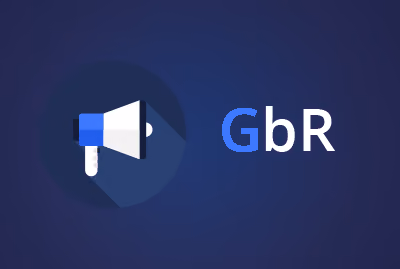 Symbol eines blauen und weißen Megafons neben dem Text 'GbR' auf einem dunklen Hintergrund.