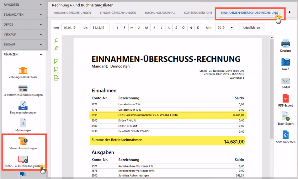 Bildschirmfoto einer Finanzsoftware zeigt die Registerkarte Einnahmen-Überschuss-Rechnung mit hervorgehobenen Einnahmen von 14.681 Euro für Kleinunternehmer nach §19 Abs 1 UStG sowie die Menüleiste links mit markiertem Bereich Steuer-Auswertungen und Rechnungs- und Buchhaltungslisten, Datum von 01.01.19 bis 31.12.19, Jahr 2019, und Aktionen zum Drucken, Faxen, E-Mail, PDF-Export, Excel-Export und Seite einrichten rechts.