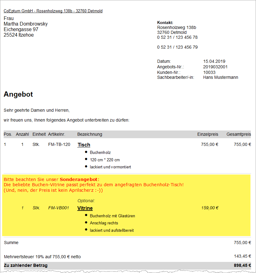 Optionale Positionen Beispiel 4