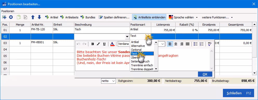 Optionalpositionen Beispiel 3