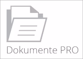 Graues Ordnersymbol mit hervorgehobenen Linien, darunter der Text 'Dokumente PRO'.