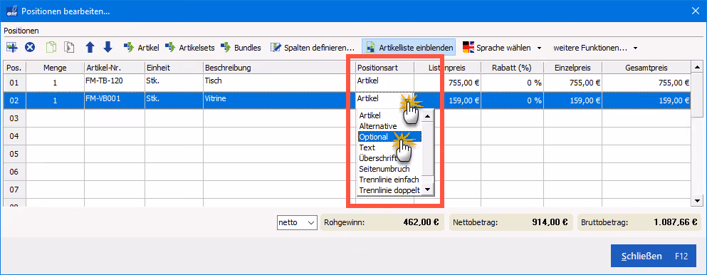 Optionale Positionen Beispiel 1