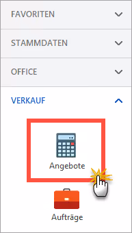 Seitenmenü mit den Kategorien Favoriten, Stammdaten, Office und Verkauf, wobei bei Verkauf das Icon Angebote hervorgehoben und mit einem Klick-Symbol markiert ist, darunter das Icon Aufträge.