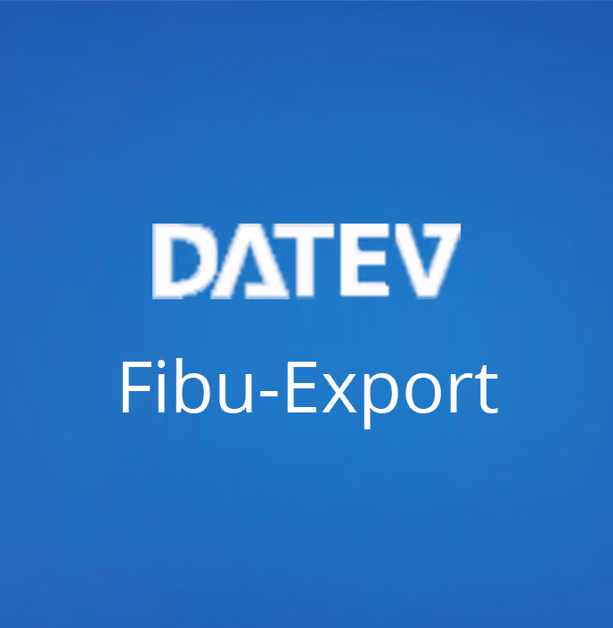 Weißer DATEV-Schriftzug mit dem Text Fibu-Export darunter auf blauem Hintergrund.
