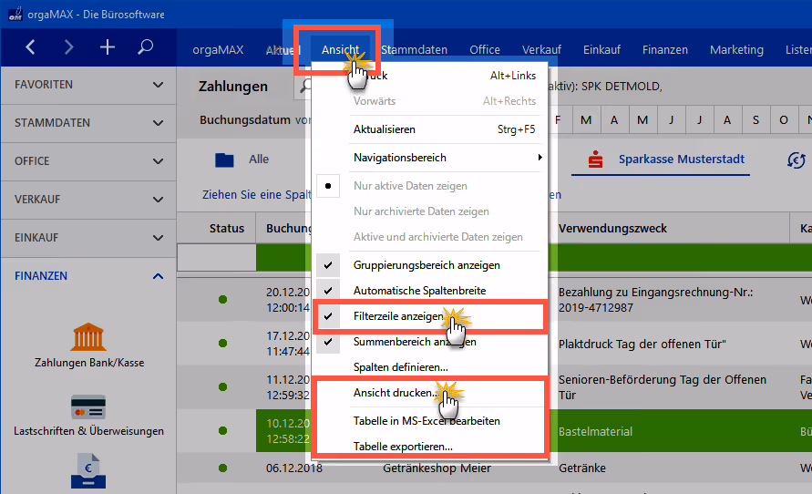 Ansicht Menü orgaMAX