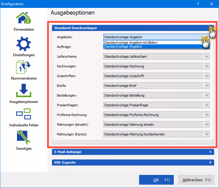 Ausgabeoptionen orgaMAX