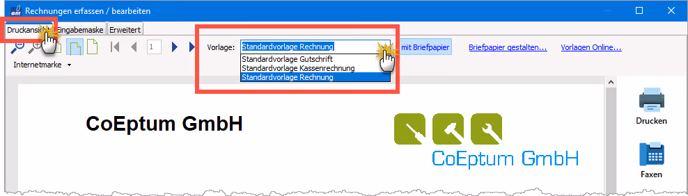 standardvorlage wechseln