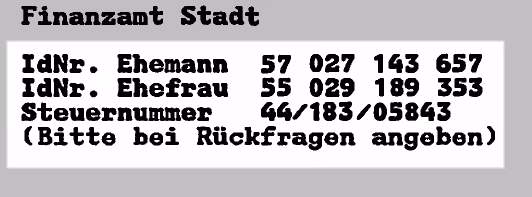 Textblock mit der Überschrift Finanzamt Stadt, darunter Ehemann- und Ehefrau- Identifikationsnummern und eine Steuernummer, mit dem Hinweis, diese bei Rückfragen anzugeben.