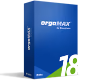 Blaues Softwarepaket-Boxdesign mit dem Schriftzug orgaMAX die Bürosoftware und der Zahl 18 in großer weißer und grüner Schrift.