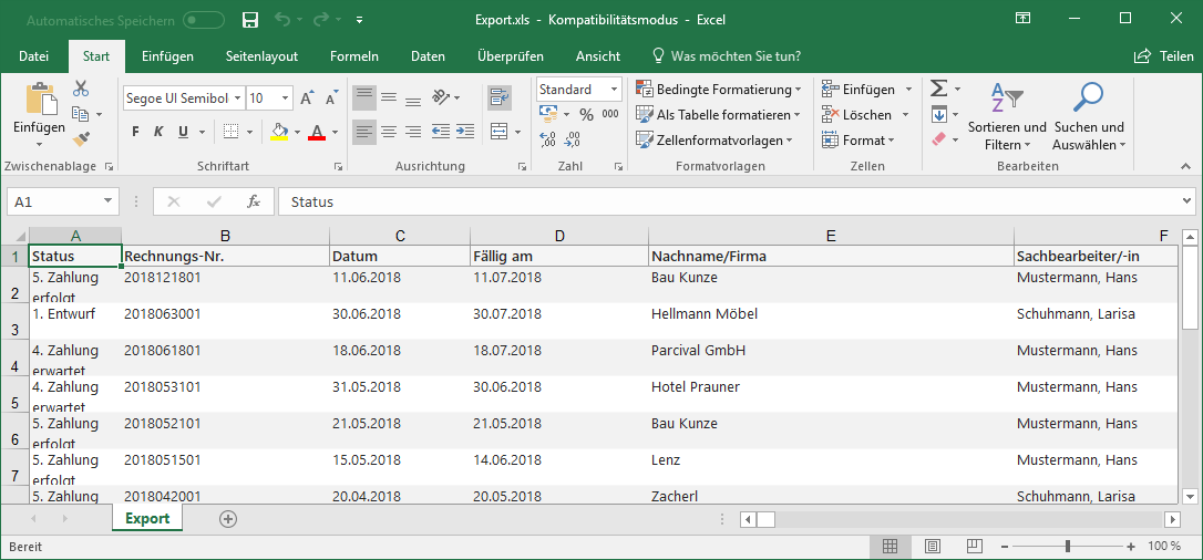 Excel Tabelle mit orgaMAX