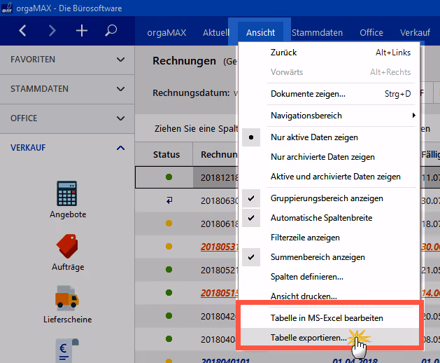 Menü Ansicht orgaMAX 2