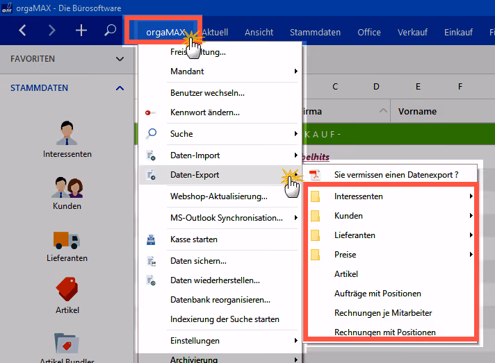 Screenshot der orcaMAX-Software mit geöffnetem Menü unter 'orgaMAX' und hervorgehobenen Optionen 'Daten-Export' mit Unterkategorien: Interessenten, Kunden, Lieferanten, Preise, Artikel, Aufträge mit Positionen, Rechnungen je Mitarbeiter, Rechnungen mit Positionen.