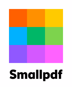 Farbiges Raster mit neun Quadraten in drei Reihen und drei Spalten, darüber der Text Smallpdf in fetter schwarzer Schrift.