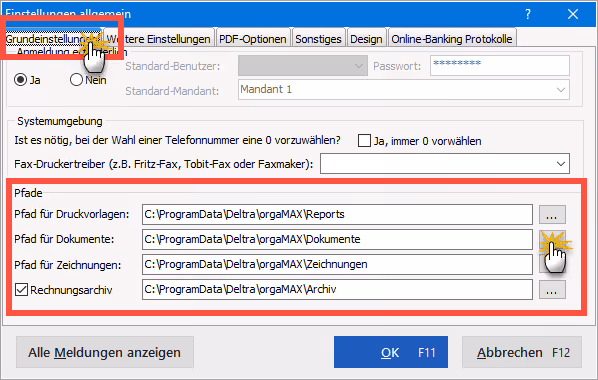 Pfadeinstellungen für Rechnungsarchiv