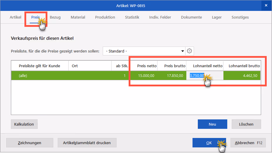 Lohnanteil in Artikelpreisen