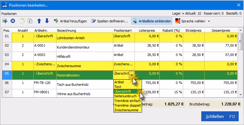 Positionsarten im Rechnungs-Dialog
