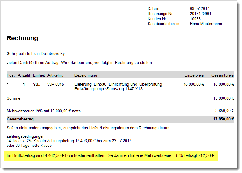 Lohnanteil auf Rechnungen