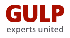 GULP Schriftzug in roter, fetter Großschrift mit dem Slogan 'experts united' darunter in grauer Kleinbuchstabenschrift.