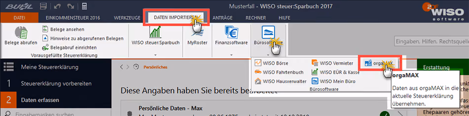 Importieren von orgaMAX Daten in das WISO Steuer:Sparbuch | orgaMAX Bürosoftware