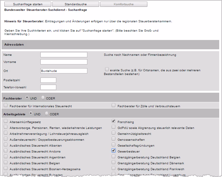 Suchmaske des bundesweiten Steuerberater-Suchdienstes | orgaMAX Bürosoftware