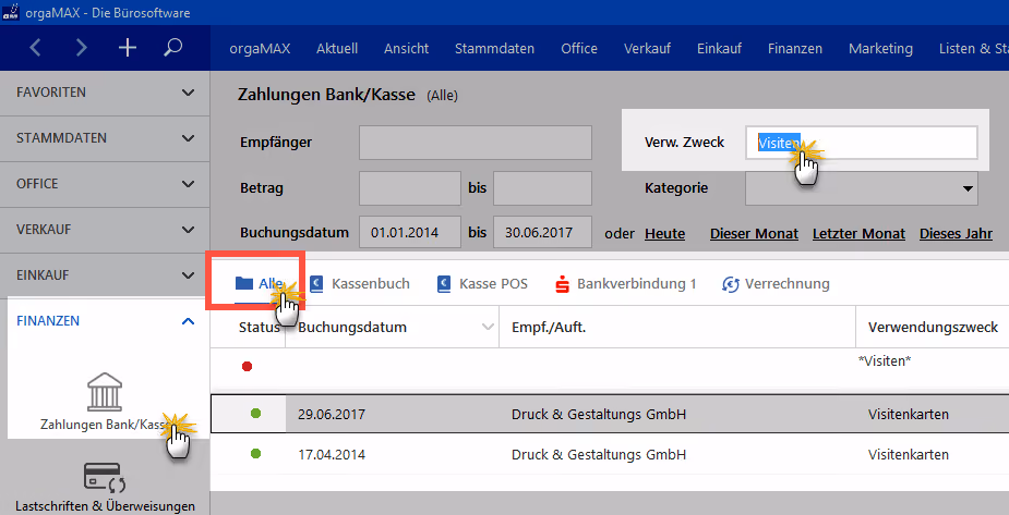 Filter in Zahlungen Bank/Kasse: Alle-Ansicht | orgaMAX Bürosoftware