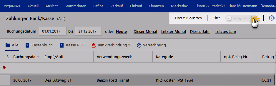 Filter einblenden in Stamm- und Vorgangsdaten-Übersichten | orgaMAX